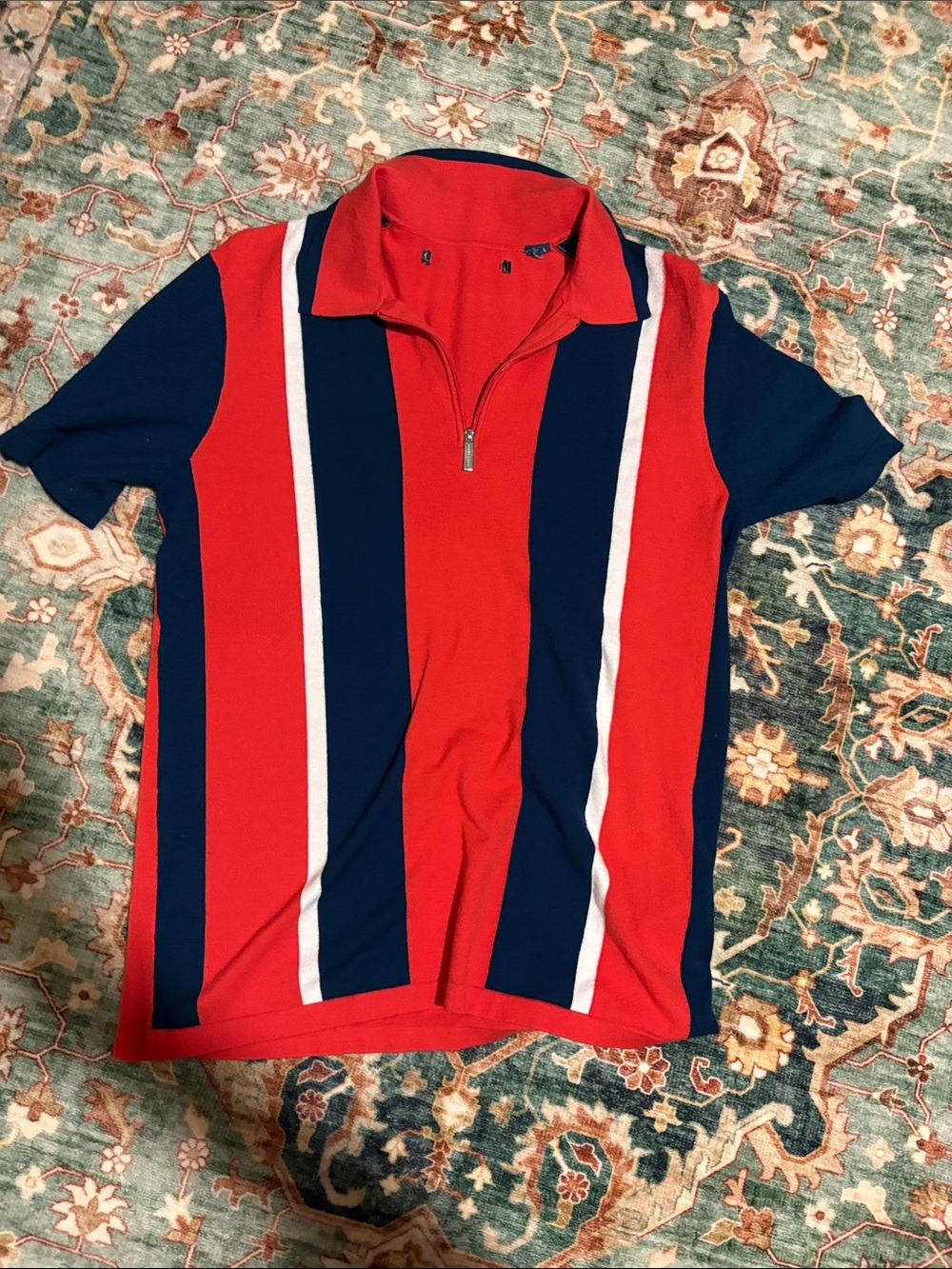 Perry Ellis Red, Navy and White Vertical Stripe Zip Polo